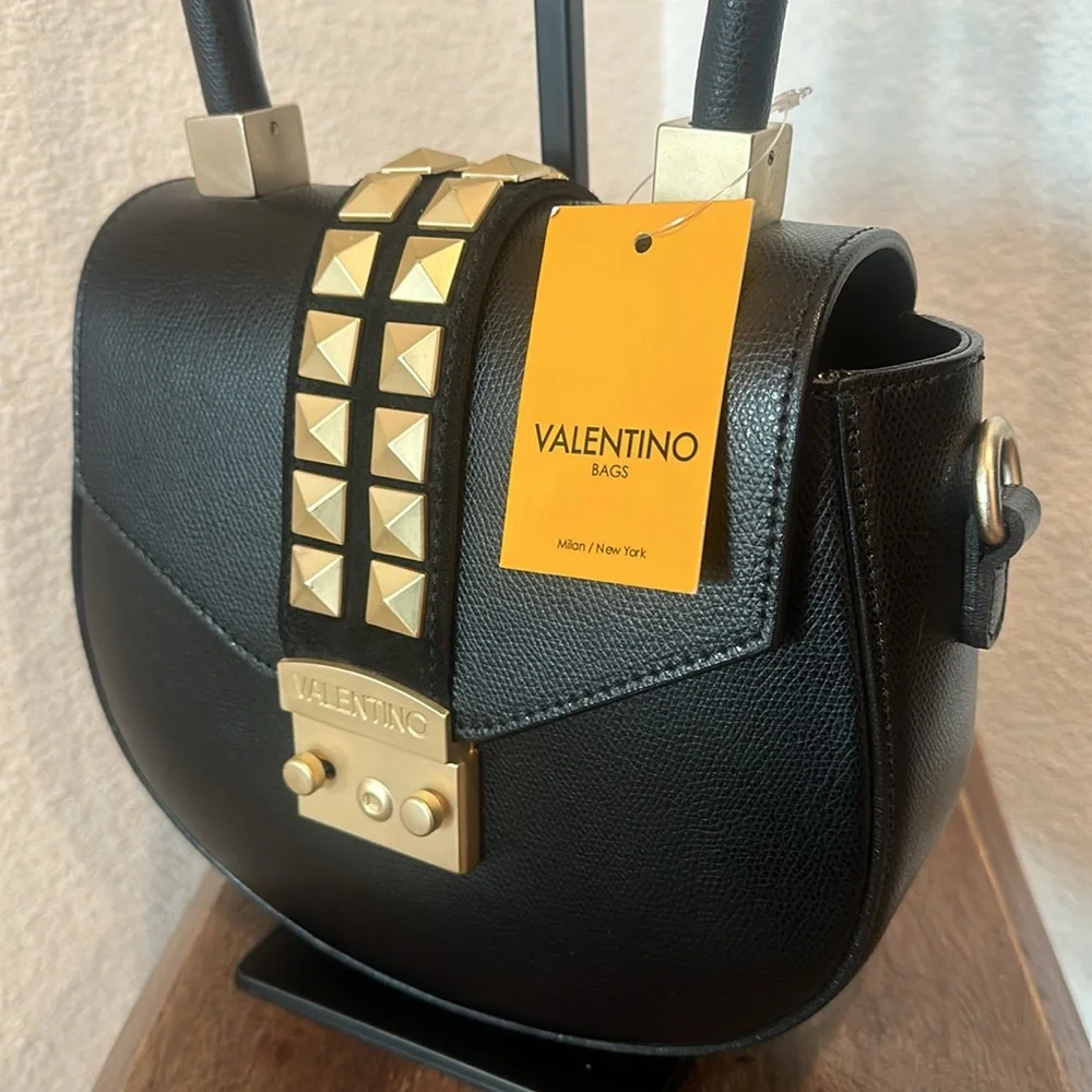 Authentic!Valentino By Mario Valentino Black Arletty Rockstud Leather Saddle New - Picture 4 of 12